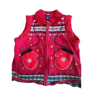 Vintage 90s Holiday Sweater Vest Ugly Christmas‎ Novelty Embroidered Zip Large